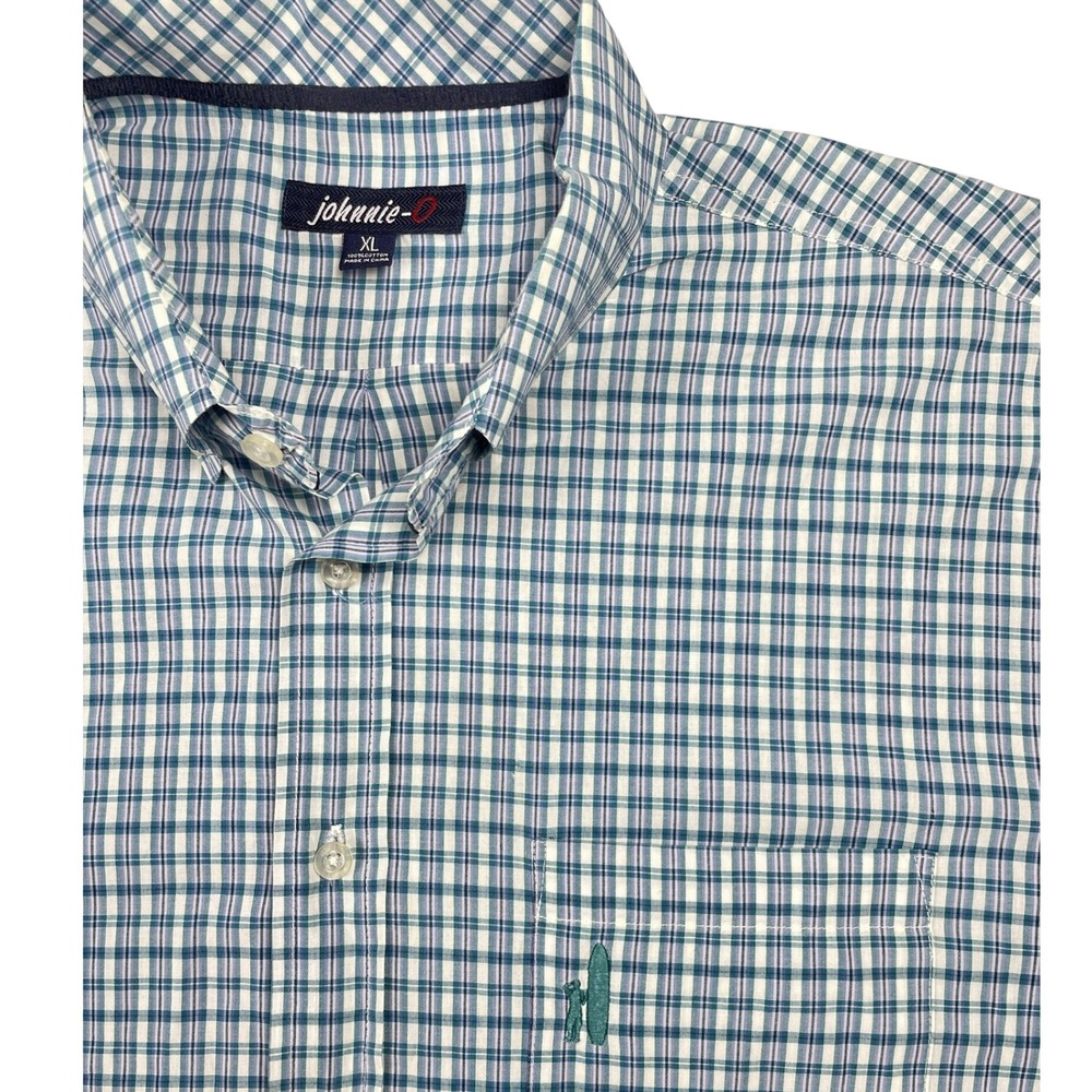 Johnnie-O Button Down Men XL Blue Purple Plaid Long Sleeve Cotton Surfer Logo